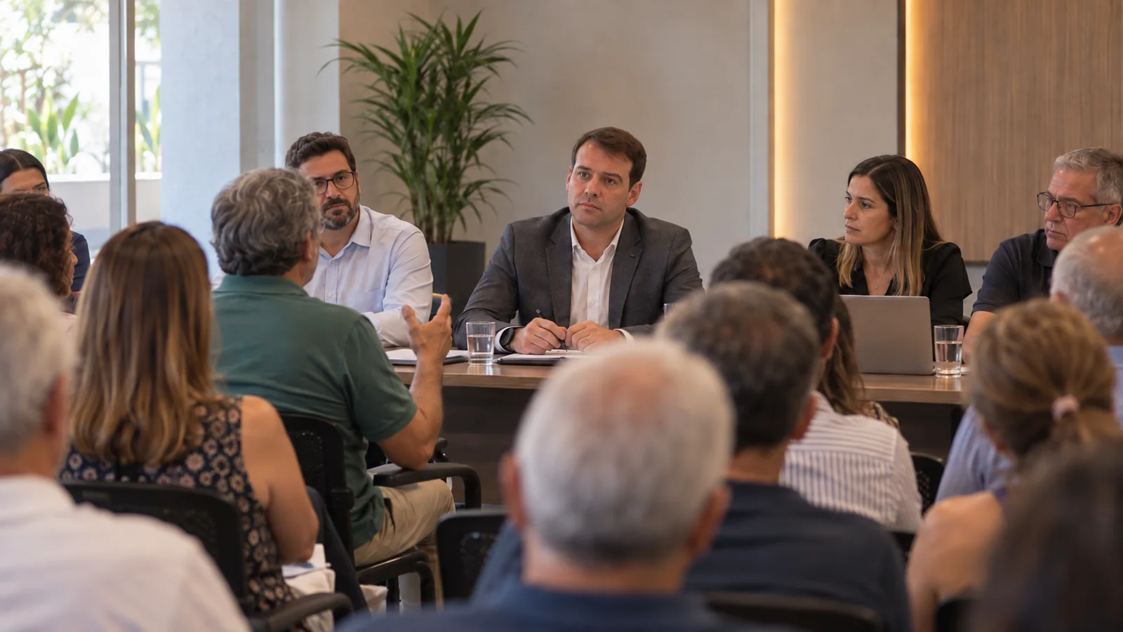 Morador falando durante assembleia enquanto Thiago Fiorin escuta