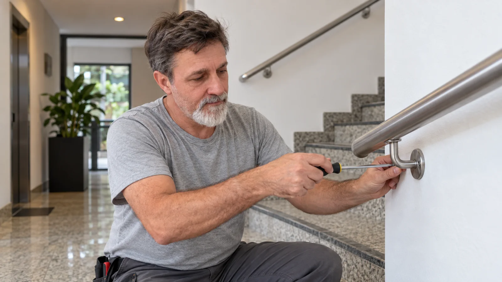 Profissional da manutenção própria ajustando um corrimão