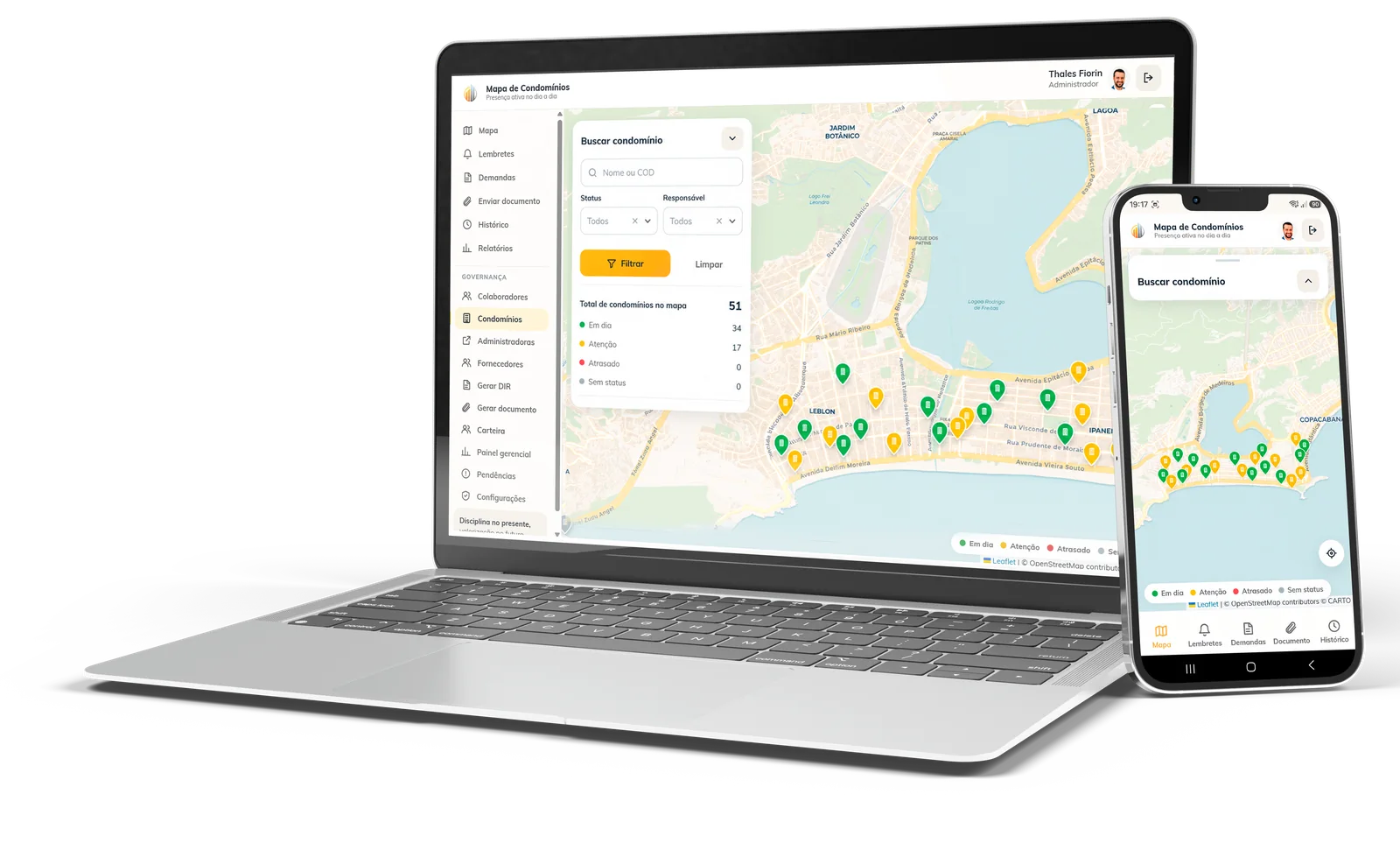 Sistema de gestão TF exibido em laptop e celular